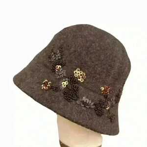 Nine West womens bucket hat brown wool blend beaded sequins floral embellished